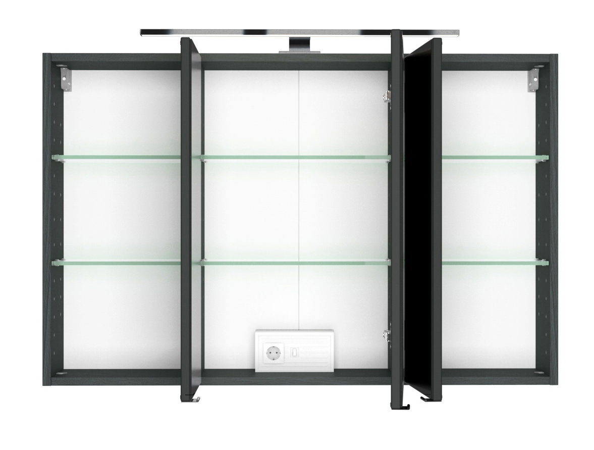 XORA Spiegelschrank LUCCA Spiegelschrank mit drei Türen, teilweise geöffnet, mit Glasregalen und integrierter Steckdose, Frontalansicht