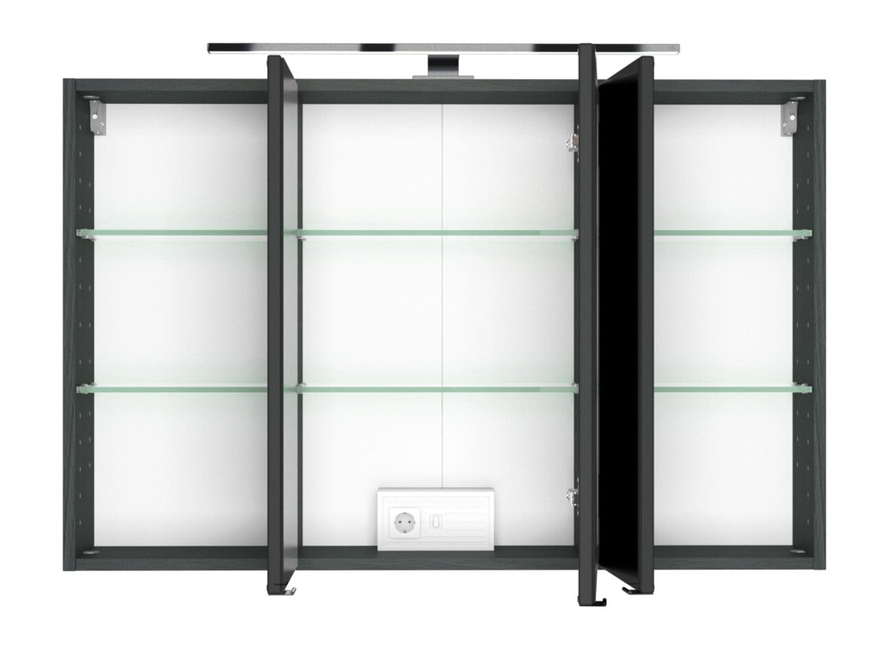 Spiegelschrank mit drei Türen, teilweise geöffnet, mit Glasregalen und integrierter Steckdose, Frontalansicht