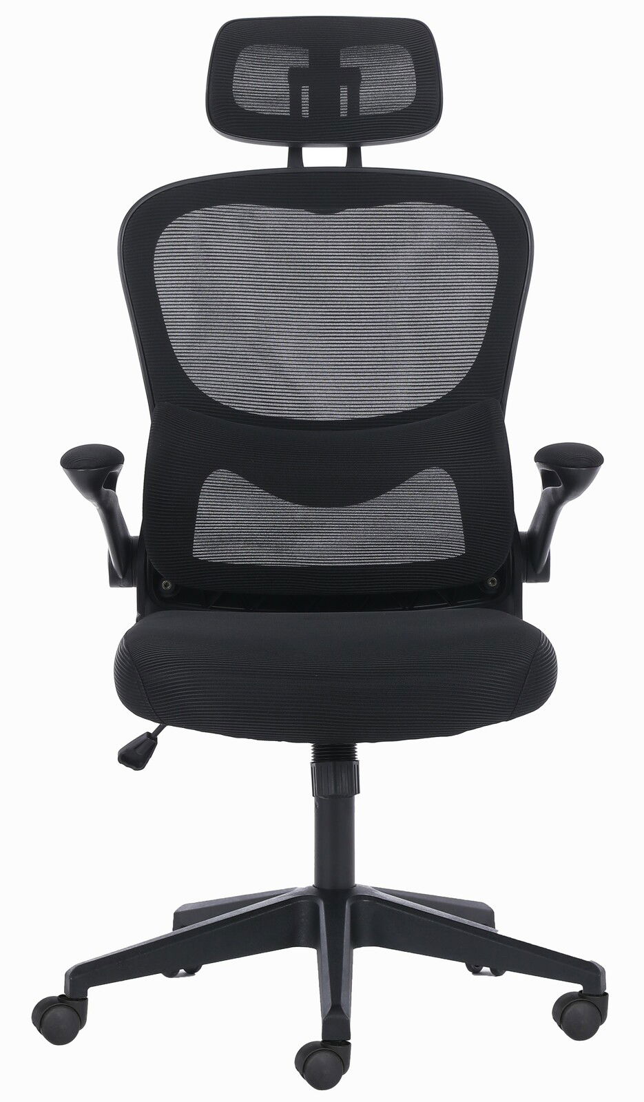 Ergonomischer Drehstuhl mit Netzrückenlehne und Kopfstütze, Vorderansicht