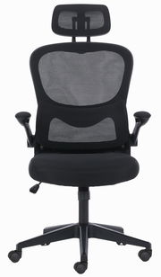 Ergonomischer Drehstuhl mit Netzrückenlehne und Kopfstütze, Vorderansicht