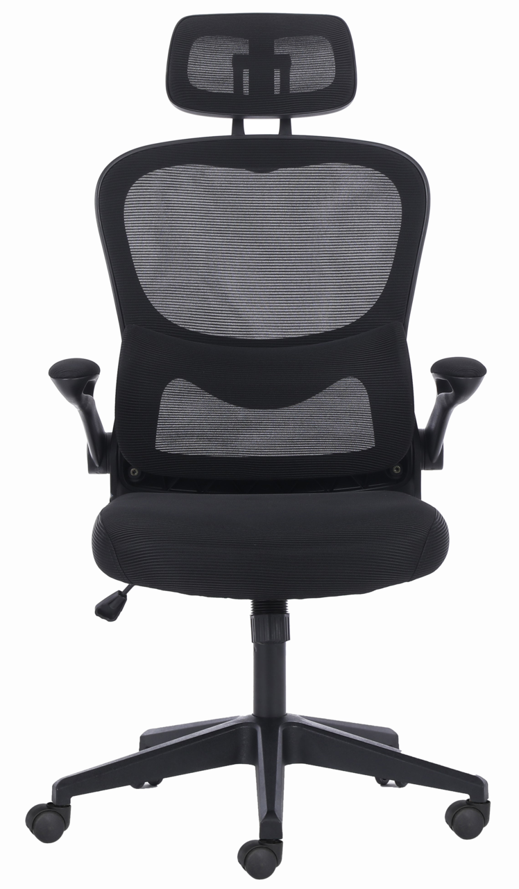 Ergonomischer Drehstuhl mit Netzrückenlehne und Kopfstütze, Vorderansicht