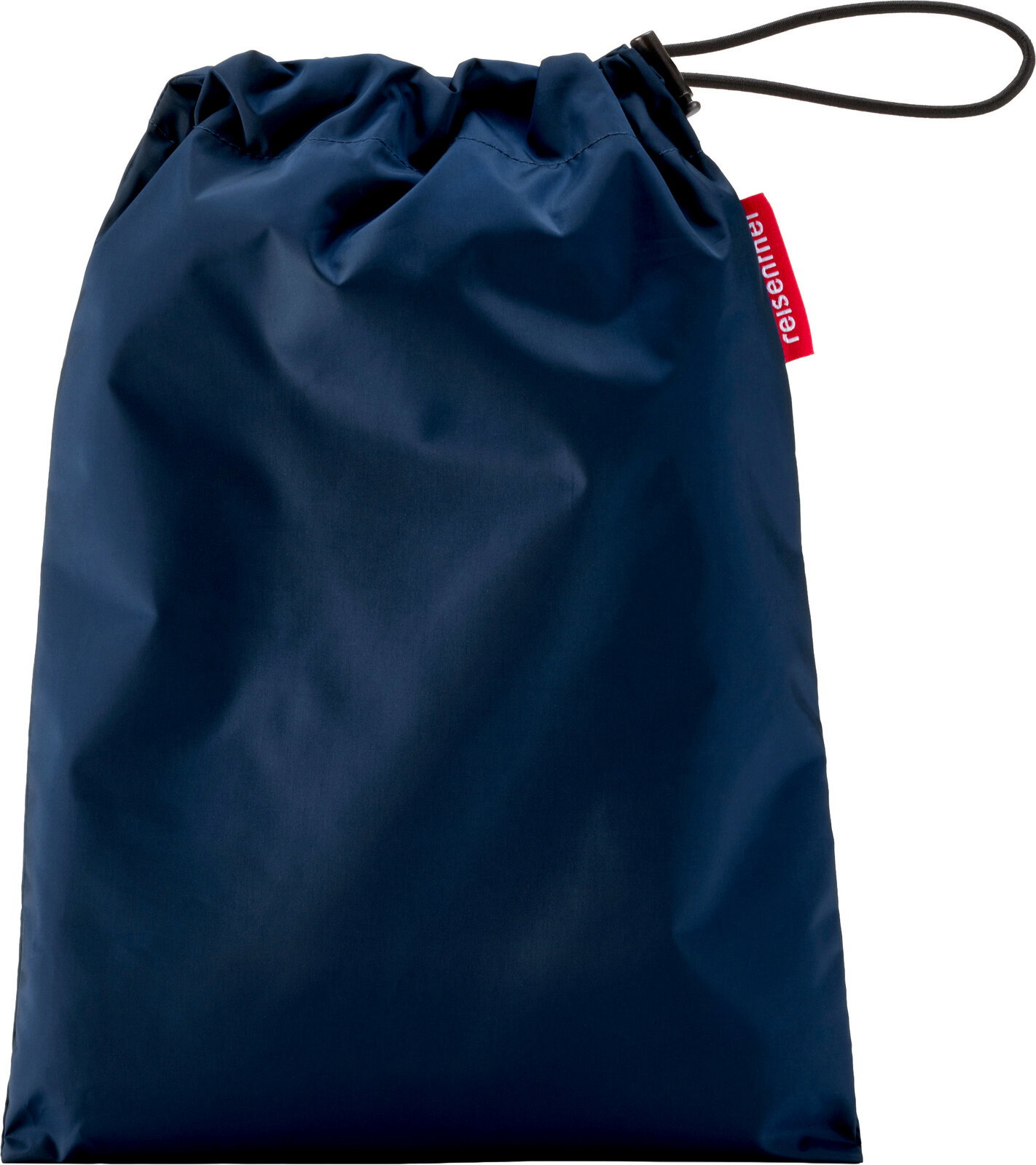 Dunkelblauer Reisenthel Kordelzugbeutel mit Zugband und rotem Logo-Label, freigestellt auf weißem Hintergrund, Frontansicht