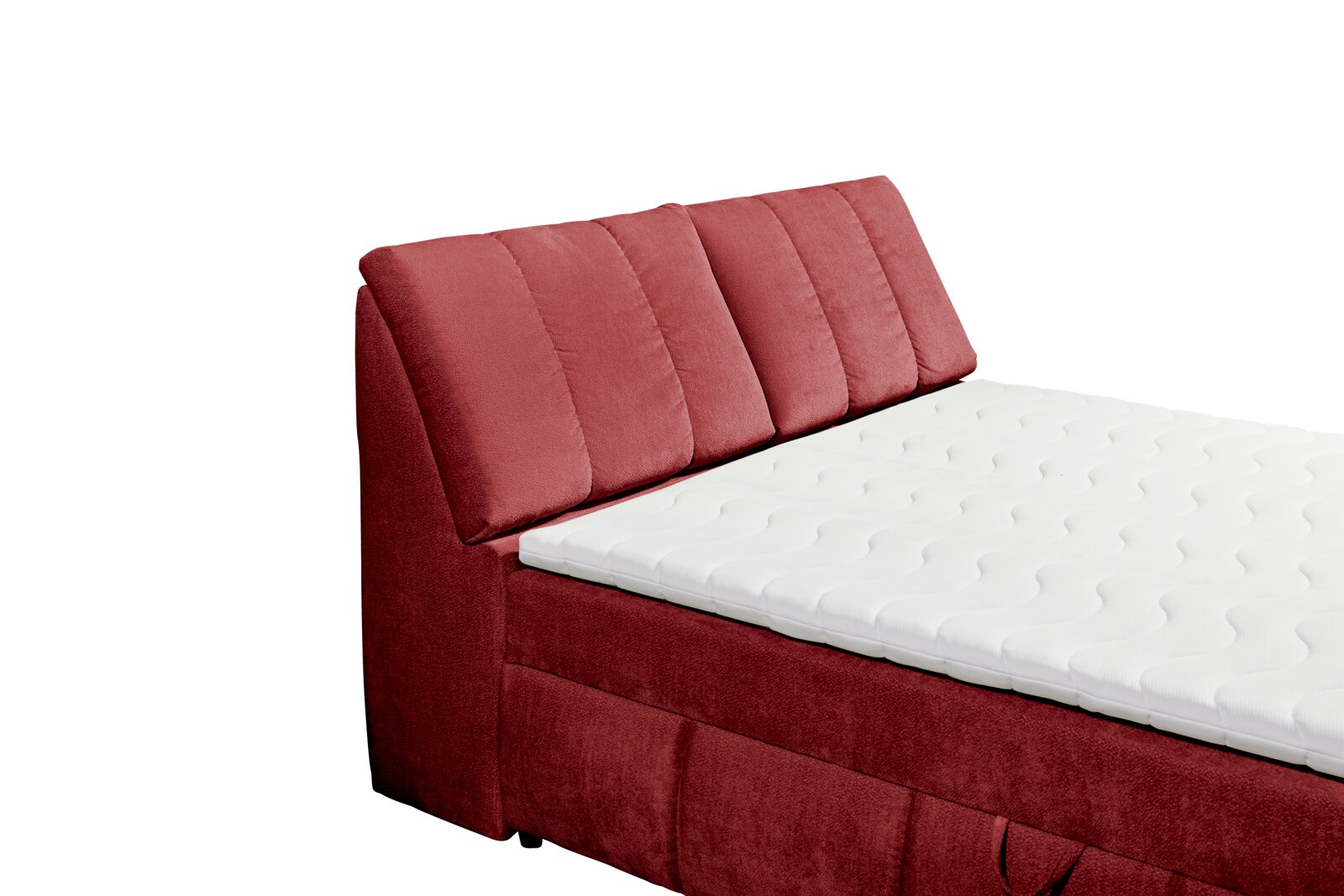 Seitliche Ansicht eines roten Boxspringbetts mit gepolstertem Kopfteil und weißer Matratze.