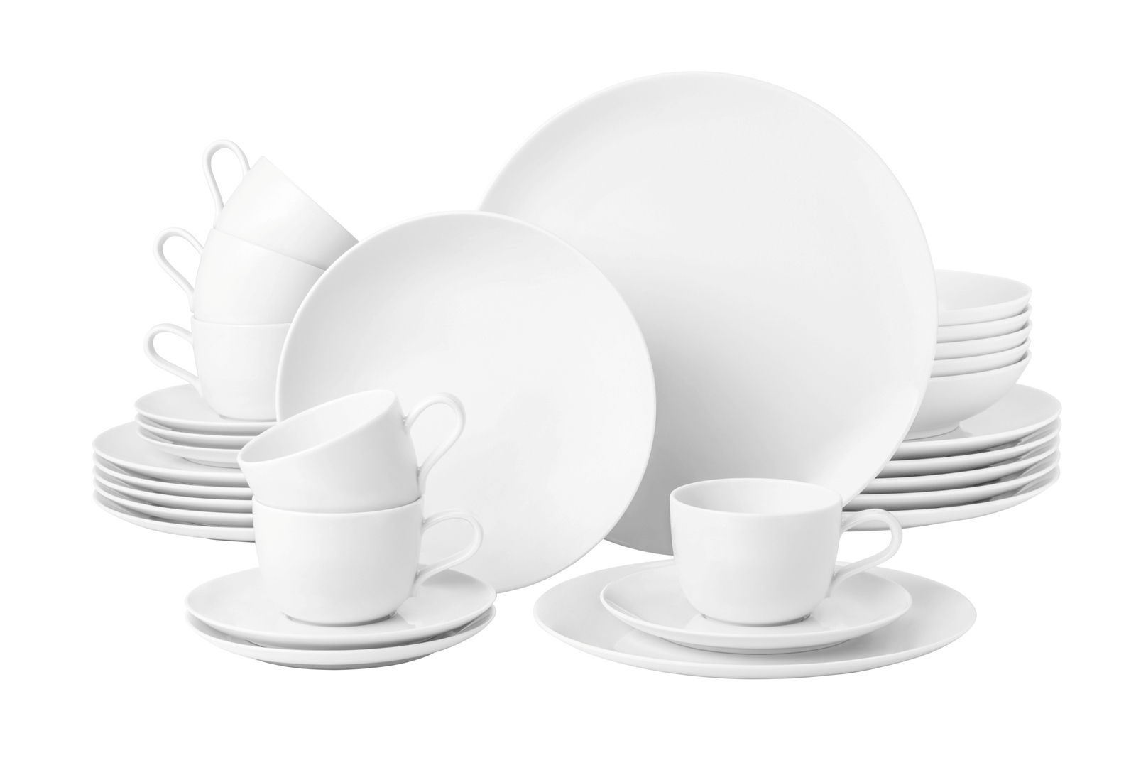 Seltmann Weiden Kombiservice 30-tlg. LIBERTY Weißes 30-teiliges Kombiservice bestehend aus Tellern, Tassen und Untertassen, frontal präsentiert.