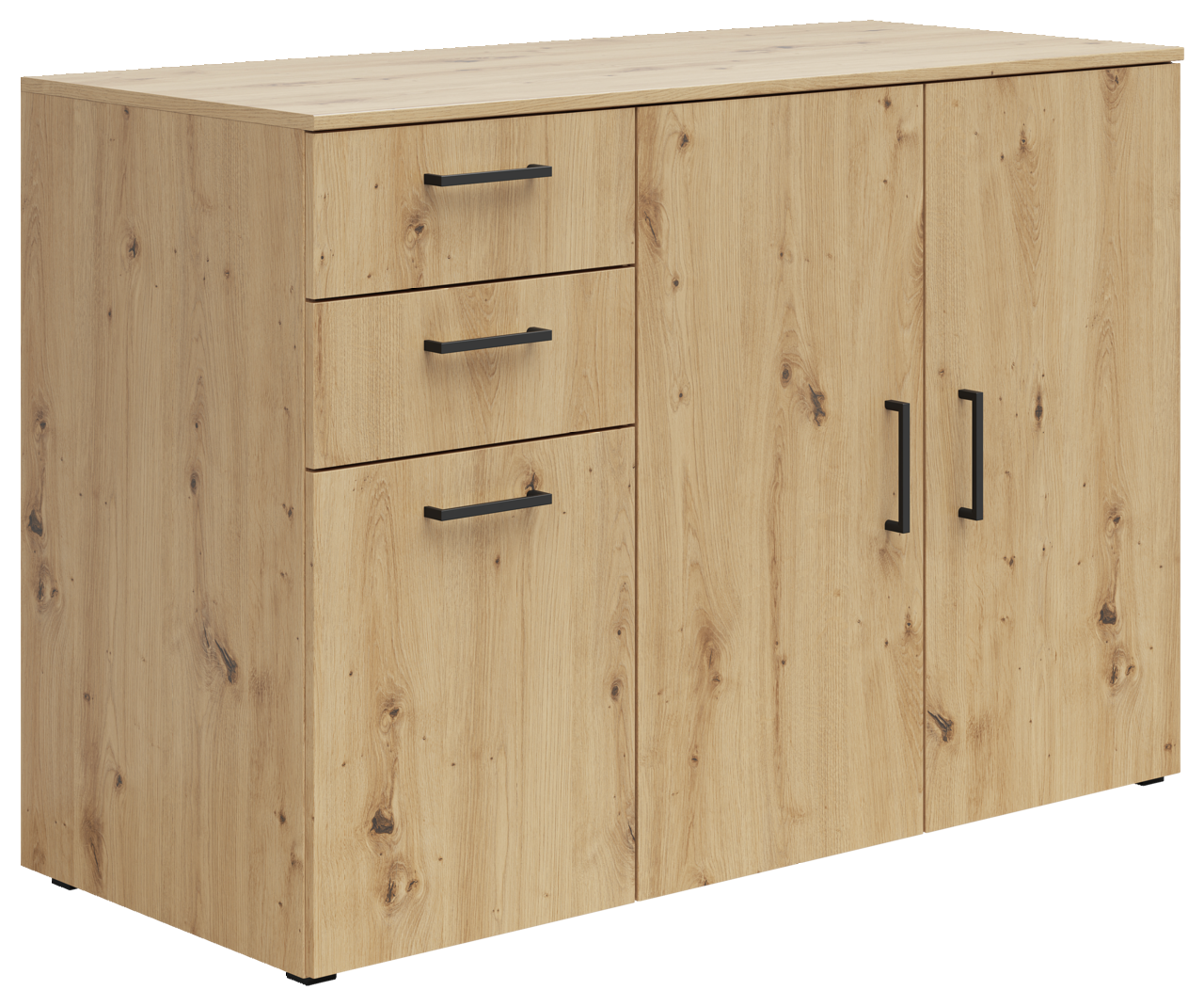 Carryhome Kommode MULTISTAURAUM Kommode aus hellem Holz mit drei Schubladen und zwei Türen, seitliche Perspektive