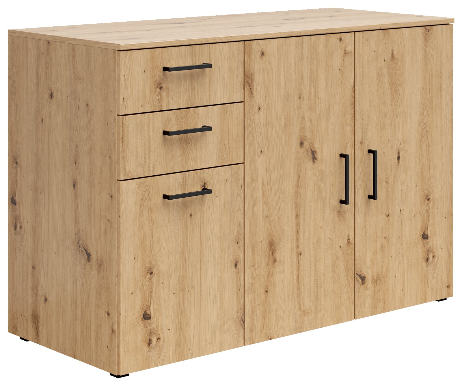 Kommode aus hellem Holz mit drei Schubladen und zwei Türen, seitliche Perspektive