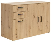Kommode aus hellem Holz mit drei Schubladen und zwei Türen, seitliche Perspektive