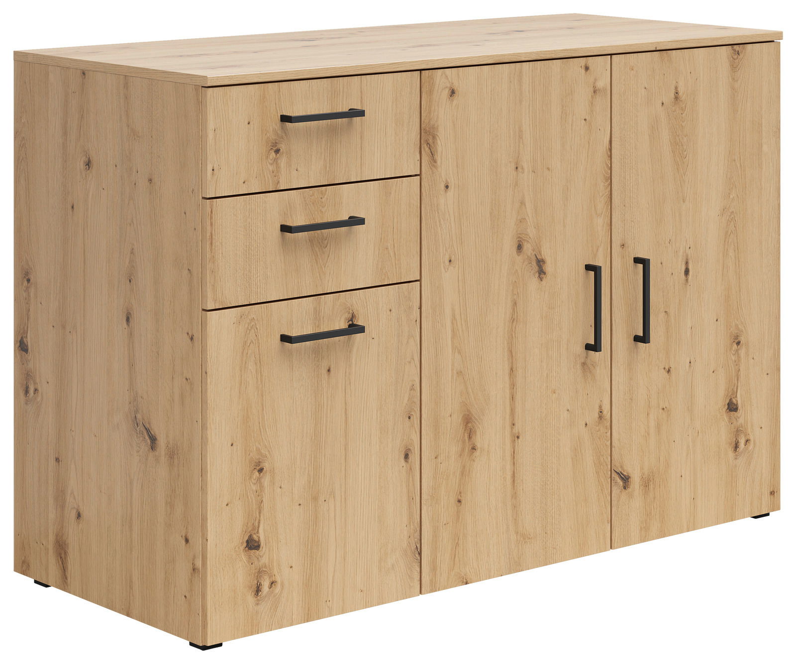 Kommode aus hellem Holz mit drei Schubladen und zwei Türen, seitliche Perspektive