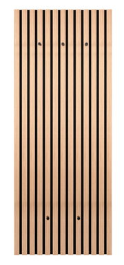 Frontale Ansicht der XORA Wandgarderobe GRACE mit vertikalen Holzlatten und schwarzen Haken.