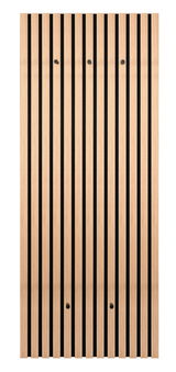 Frontale Ansicht der XORA Wandgarderobe GRACE mit vertikalen Holzlatten und schwarzen Haken.