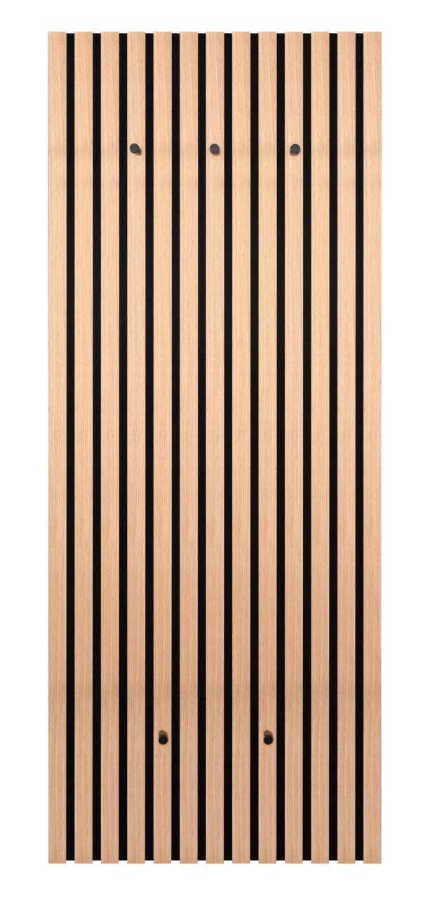 Frontale Ansicht der XORA Wandgarderobe GRACE mit vertikalen Holzlatten und schwarzen Haken.