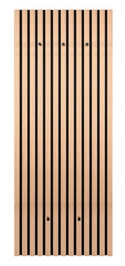 Frontale Ansicht der XORA Wandgarderobe GRACE mit vertikalen Holzlatten und schwarzen Haken.