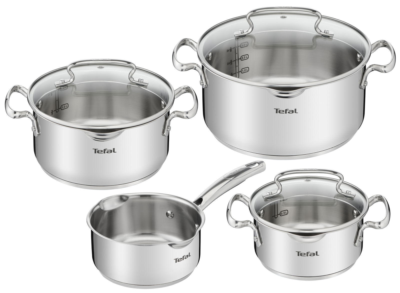 Tefal Topfset 7-tlg. DUETTO Vier-teiliges Topfset Duetto aus Edelstahl mit Glasdeckeln, seitliche Perspektive