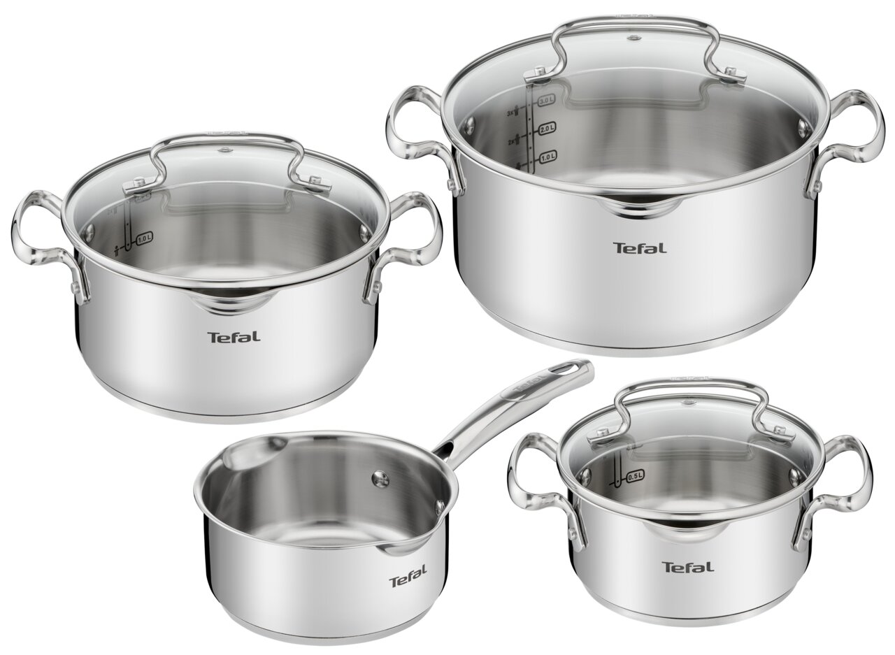 Tefal Topfset 7-tlg. DUETTO Vier-teiliges Topfset Duetto aus Edelstahl mit Glasdeckeln, seitliche Perspektive