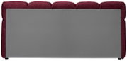 Achterkant van een gestoffeerd bedframe met grijze stof en wijnrode accenten.