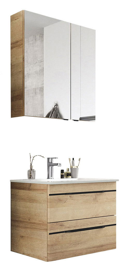 Sadena Badkombination BERN Moderne Badkombination mit Holzoptik, bestehend aus einem Spiegelschrank und einem Waschbeckenunterschrank mit zwei Schubladen, Frontalansicht.