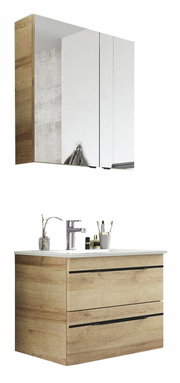 Moderne Badkombination mit Holzoptik, bestehend aus einem Spiegelschrank und einem Waschbeckenunterschrank mit zwei Schubladen, Frontalansicht.