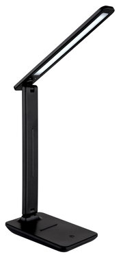 Moderne schwarze Tischleuchte mit schlankem, verstellbarem Arm, seitliche Perspektive