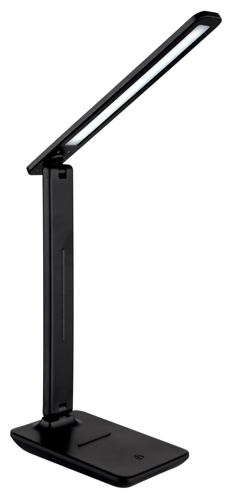 Moderne schwarze Tischleuchte mit schlankem, verstellbarem Arm, seitliche Perspektive