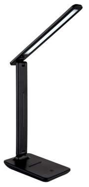 Moderne schwarze Tischleuchte mit schlankem, verstellbarem Arm, seitliche Perspektive