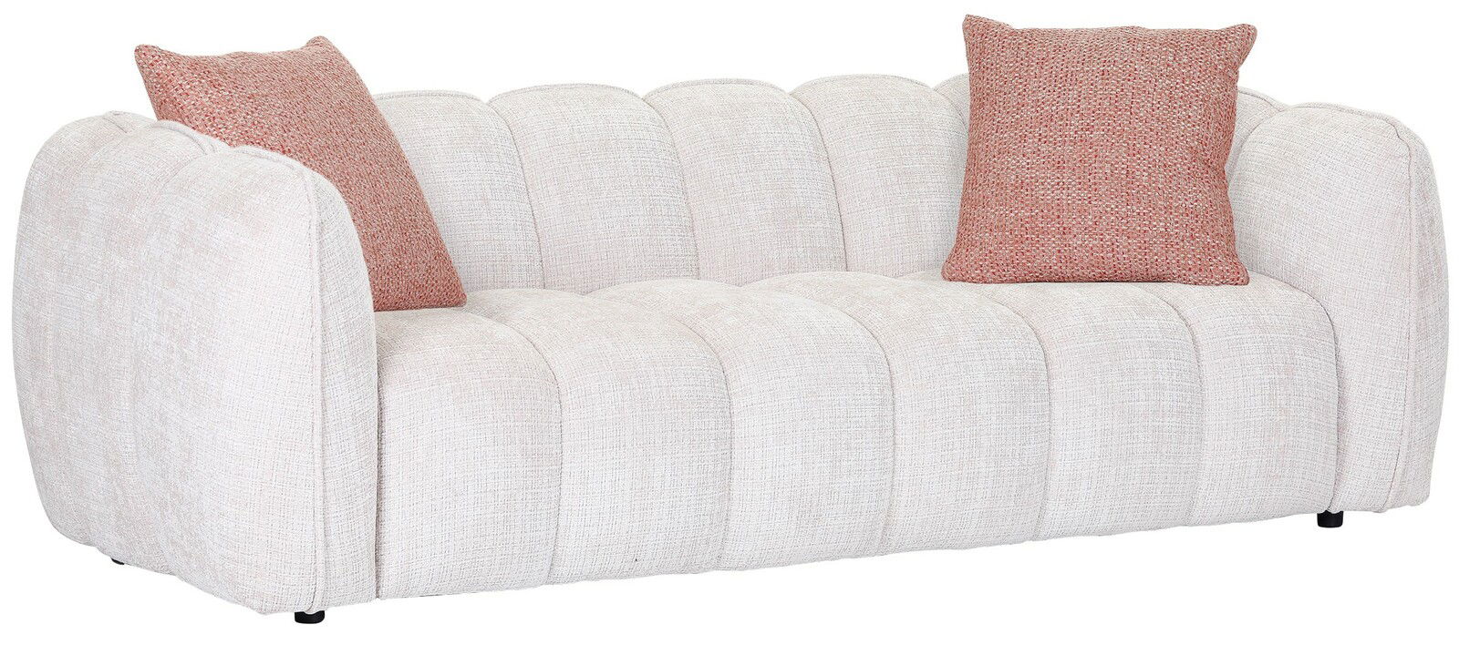 Großes, cremefarbenes Sofa mit zwei rosafarbenen Kissen, seitliche Perspektive