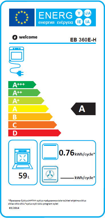 Energieeffizienzlabel für einen Backofen mit der Klasse A, Energieverbrauch von 0,76 kWh pro Zyklus, 59 Liter Volumen, Frontalansicht.