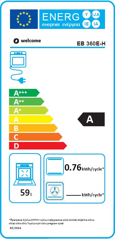 Energieeffizienzlabel für einen Backofen mit der Klasse A, Energieverbrauch von 0,76 kWh pro Zyklus, 59 Liter Volumen, Frontalansicht.