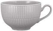 Graue Milchkaffeeobertasse mit geriffeltem Design, seitliche Perspektive