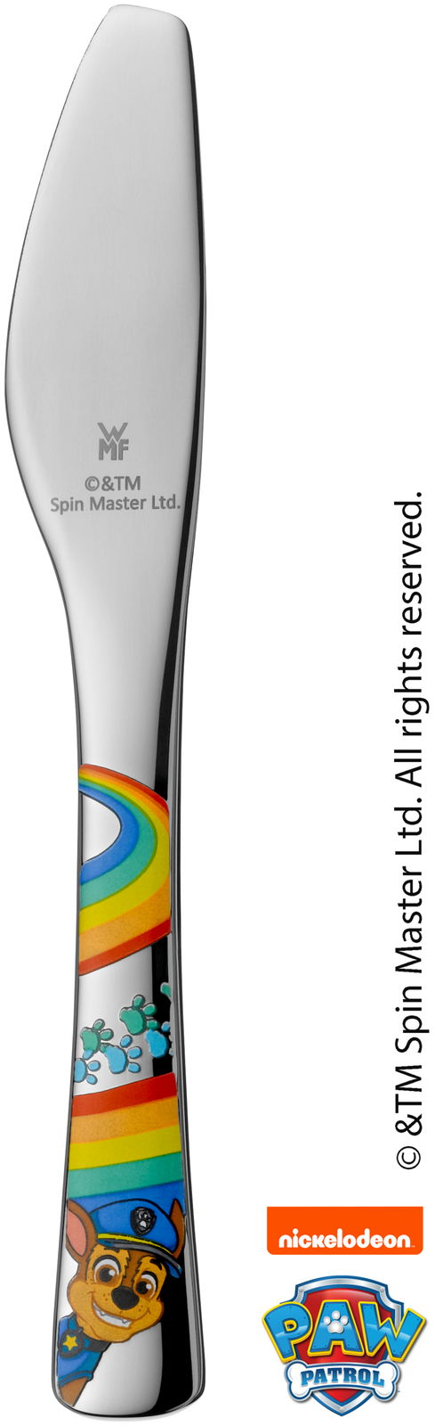 Kindermesser mit Paw Patrol Motiv, Regenbogen und Pfotenabdrücken, seitliche Ansicht