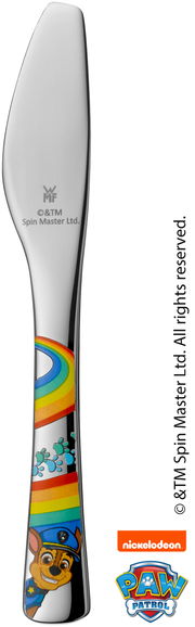 Kindermesser mit Paw Patrol Motiv, Regenbogen und Pfotenabdrücken, seitliche Ansicht