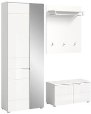 Garderobenkombination in Weiß mit Spiegel, bestehend aus einem hohen Schrank, einer Wandgarderobe mit Haken und einem niedrigen Schuhschrank. Frontalansicht.