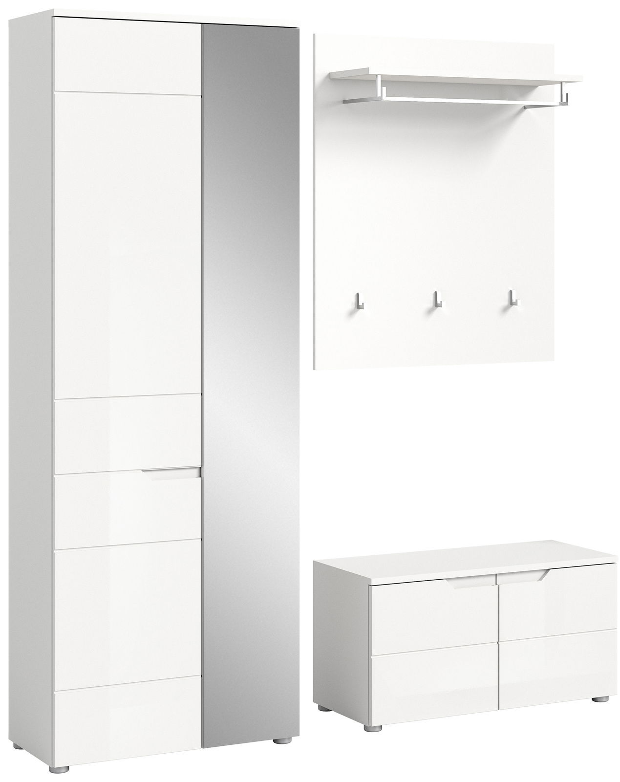 Garderobenkombination in Weiß mit Spiegel, bestehend aus einem hohen Schrank, einer Wandgarderobe mit Haken und einem niedrigen Schuhschrank. Frontalansicht.
