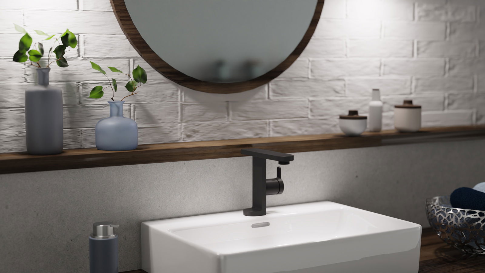 Moderne schwarze Waschtischarmatur in einem stilvoll eingerichteten Badezimmer, seitliche Perspektive