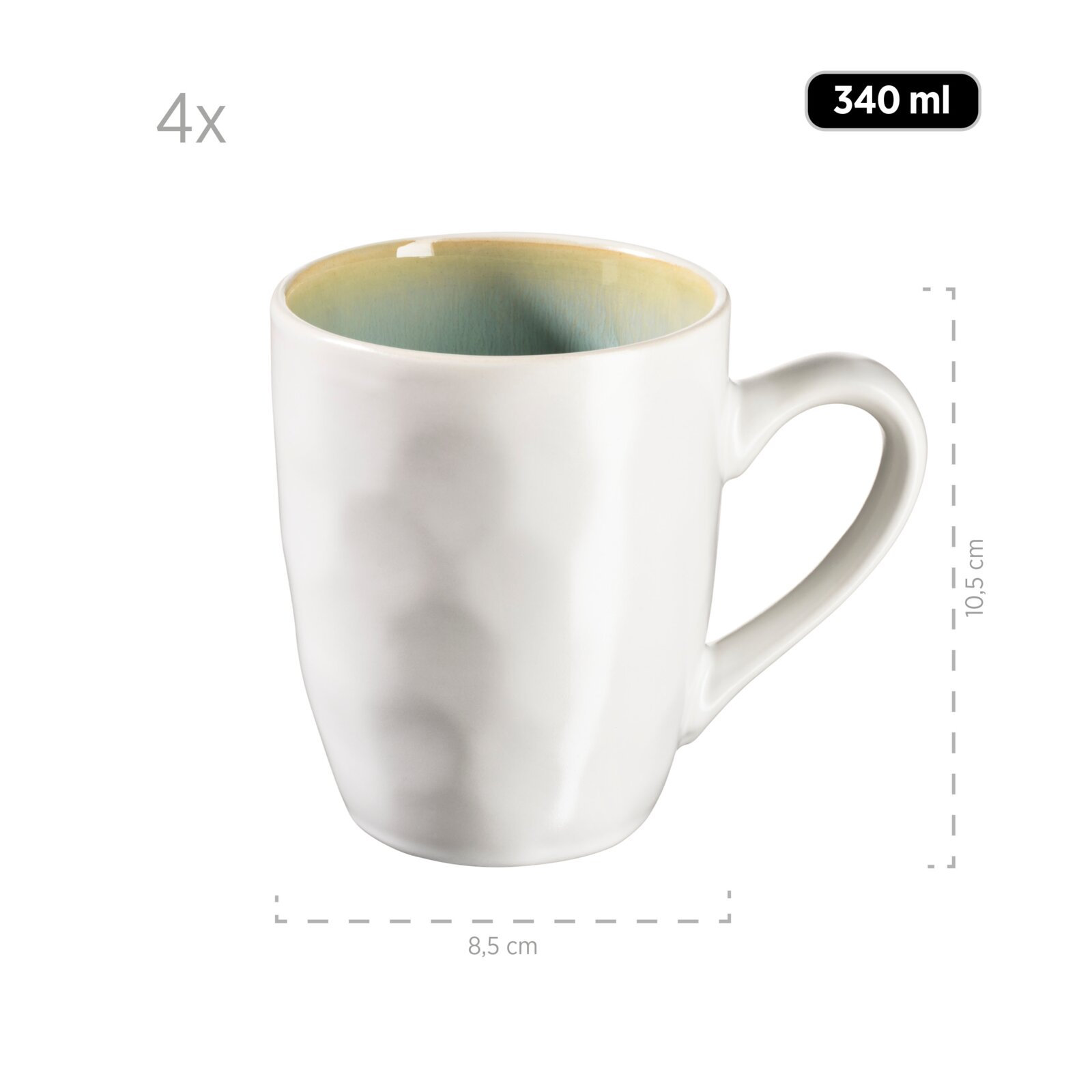Vier weiße Keramikbecher mit grünlich-beiger Innenglasur, je 340 ml, 8,5 cm breit und 10,5 cm hoch, in schräger Vorderansicht von leicht oben