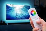 Nahaufnahme einer Hand, die eine Fernbedienung mit Farbkreis und Tasten hält, im Hintergrund ein Fernseher mit Unterwasserbild und blauer Hintergrundbeleuchtung.