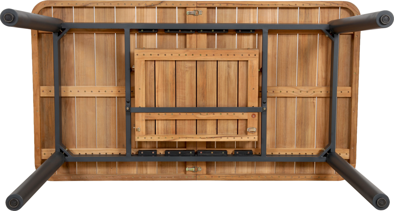 Unteransicht eines Gartenausziehtisches aus Holz mit Metallrahmen und klappbaren Beinen.