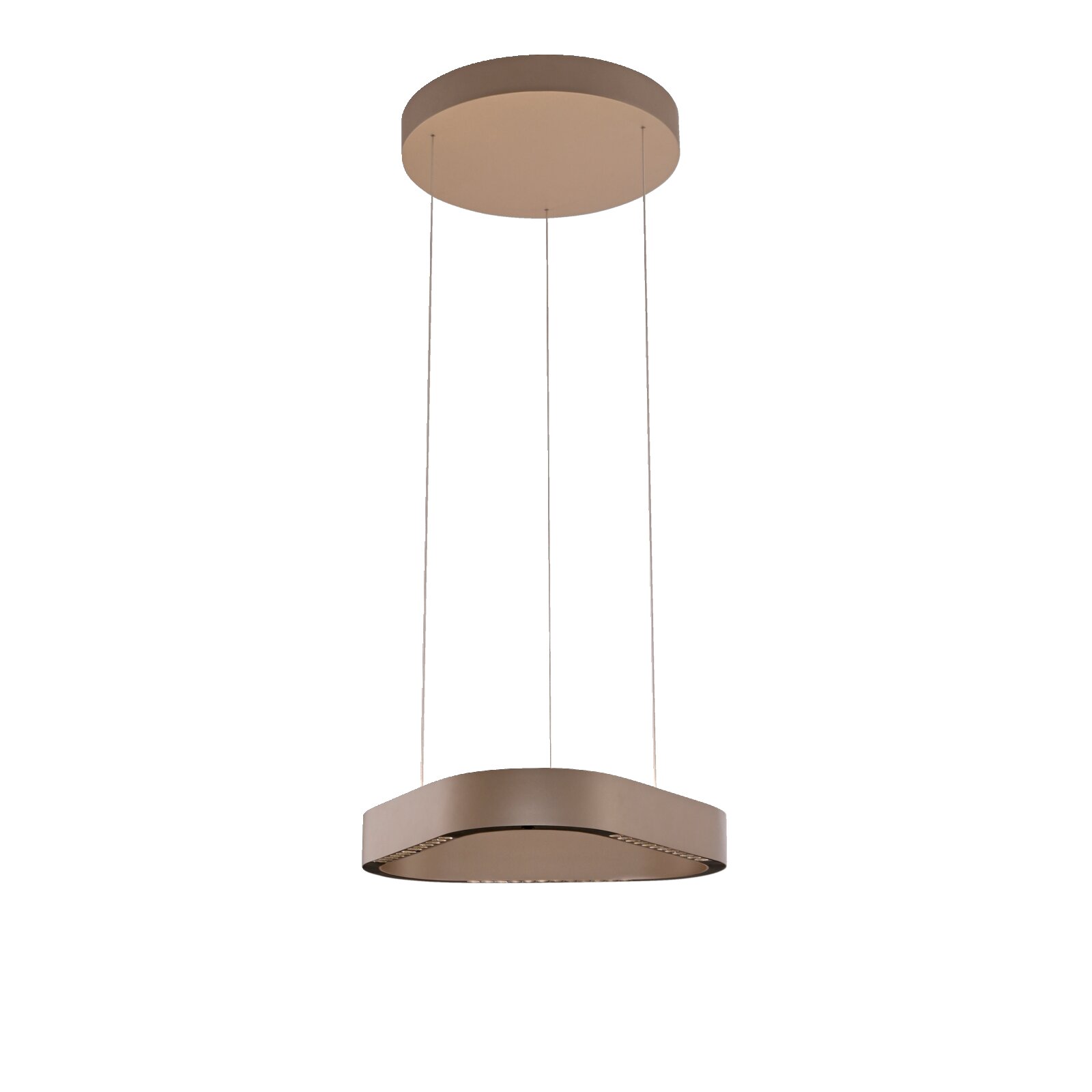 Moderne runde LED-Pendelleuchte in Beige/Champagner mit vier Abhängeseilen und flachem Ring-Design, freigestellt vor grauem Hintergrund, Perspektive: frontale Ansicht leicht von unten