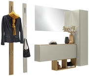 Garderoben-Set 6-tlg. in moderner Perspektive, bestehend aus einem Wandspiegel, einem Hängeschrank, einer Garderobenleiste mit Haken und einem Schuhschrank mit Dekoration.