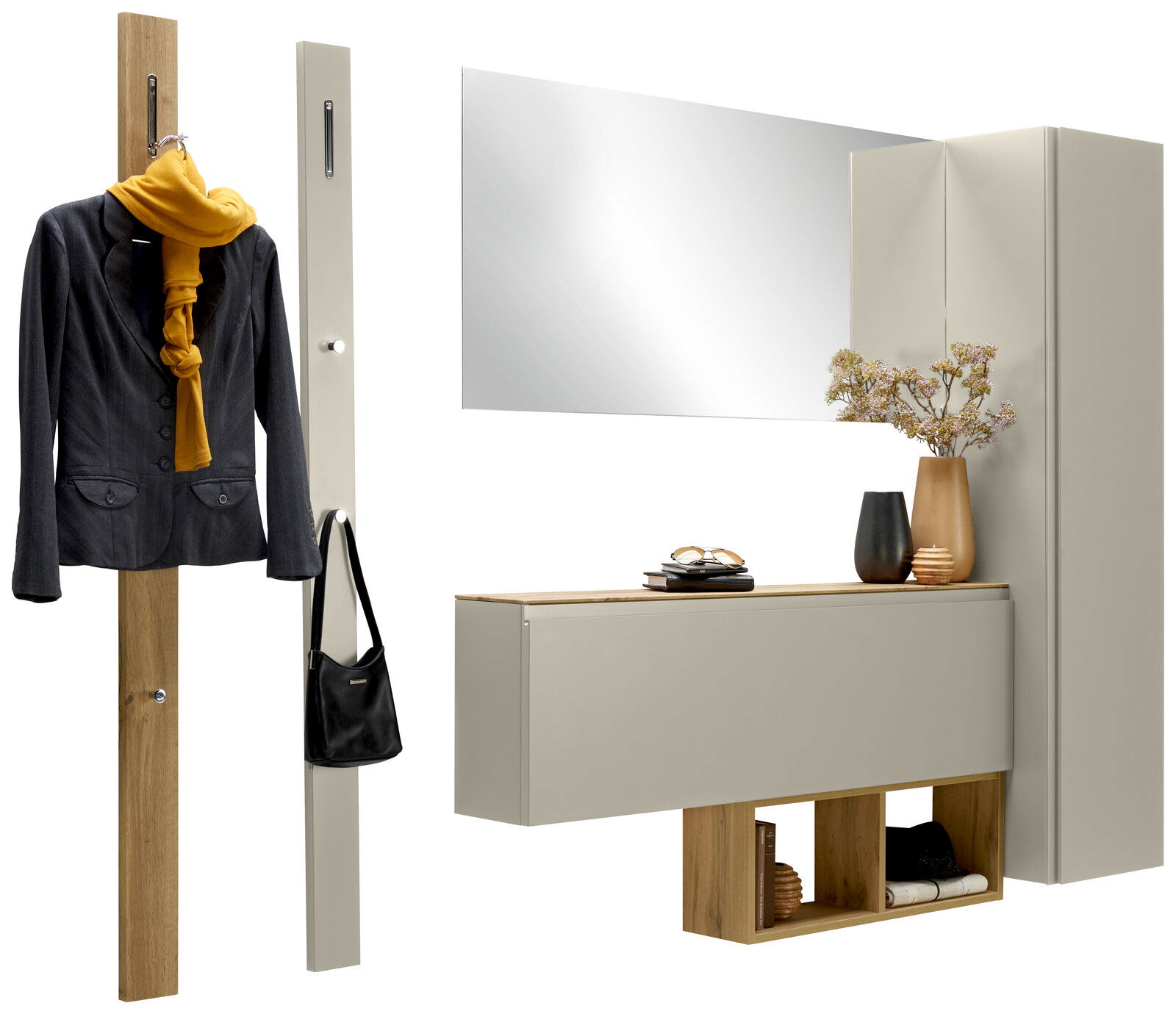 Moderano Garderoben-Set 6-tlg. LECCO PLUS Garderoben-Set 6-tlg. in moderner Perspektive, bestehend aus einem Wandspiegel, einem Hängeschrank, einer Garderobenleiste mit Haken und einem Schuhschrank mit Dekoration.