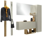 Garderoben-Set 6-tlg. in moderner Perspektive, bestehend aus einem Wandspiegel, einem Hängeschrank, einer Garderobenleiste mit Haken und einem Schuhschrank mit Dekoration.