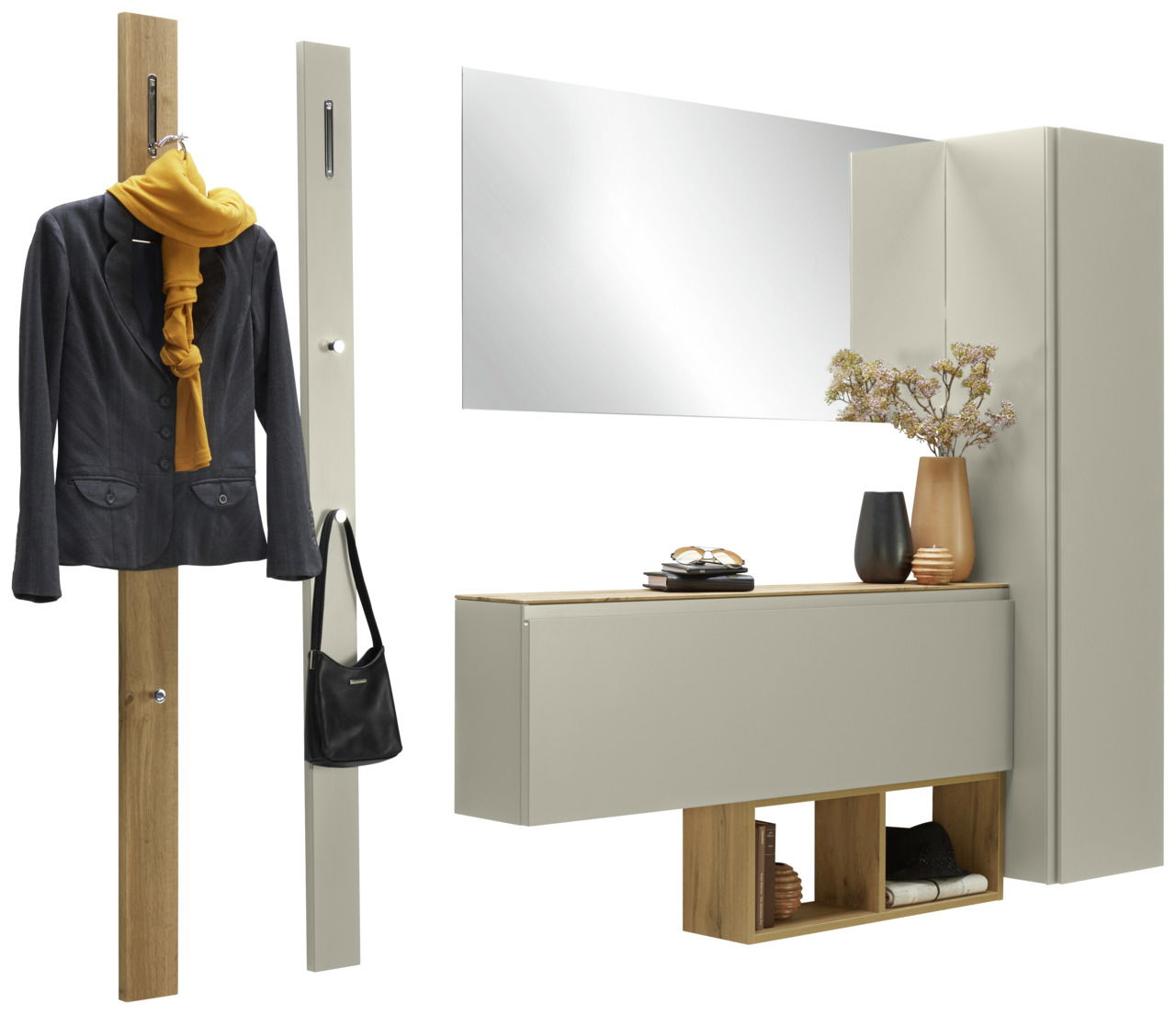 Garderoben-Set 6-tlg. in moderner Perspektive, bestehend aus einem Wandspiegel, einem Hängeschrank, einer Garderobenleiste mit Haken und einem Schuhschrank mit Dekoration.