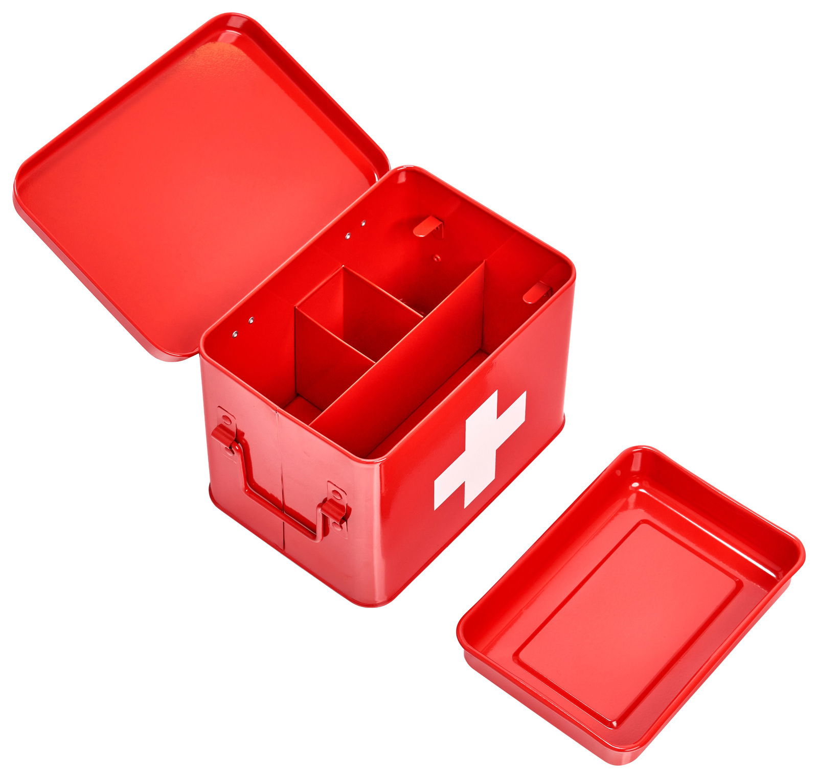 Rote Metall-Medizinbox mit abgenommenem Deckel und Fächern, aus der Vogelperspektive