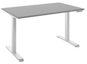 Moderner E-Schreibtisch mit grauer Tischplatte und weißem Gestell, seitliche Perspektive