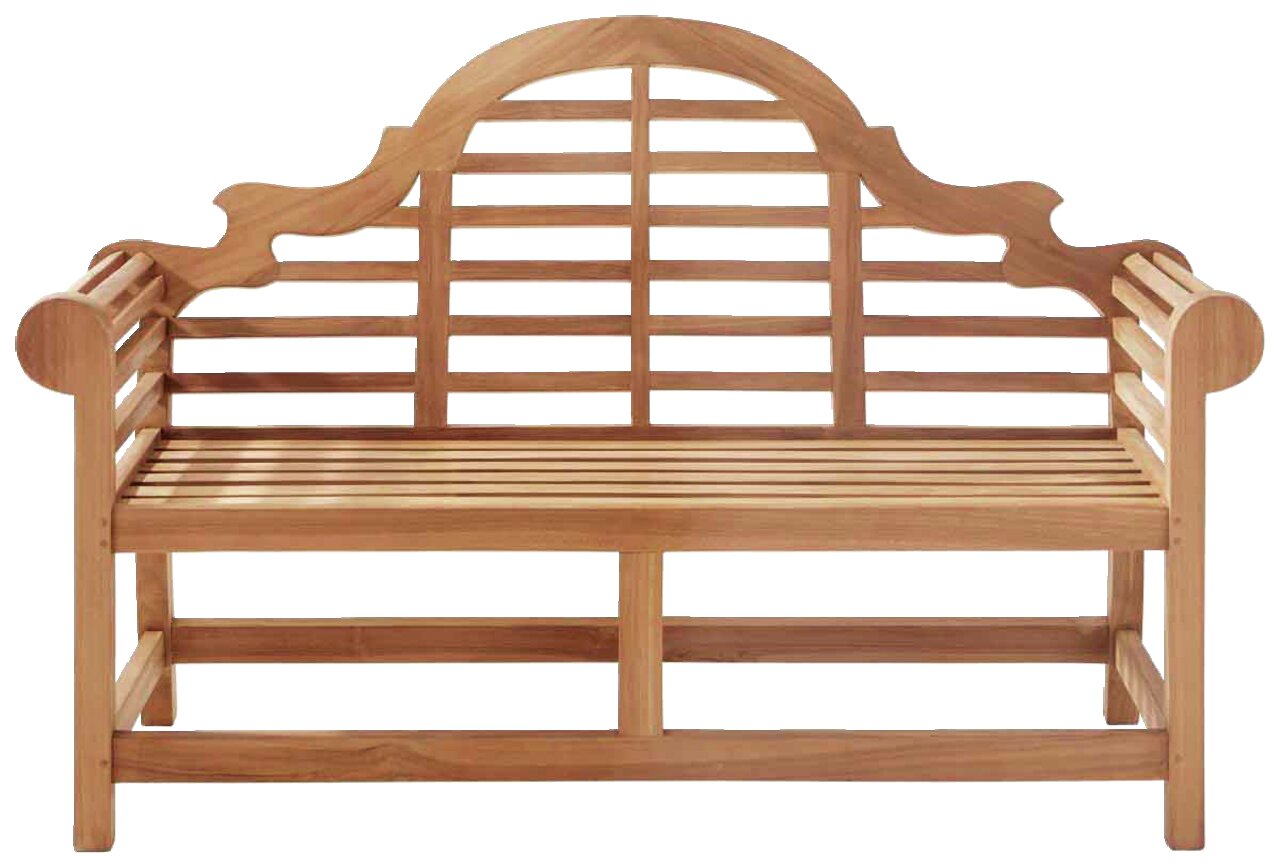 Holzbank mit geschwungenem Rücken und Armlehnen, Frontalansicht