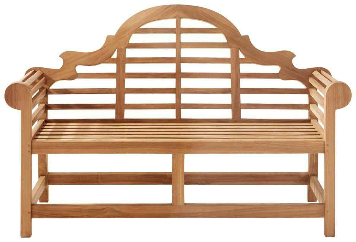 Holzbank mit geschwungenem Rücken und Armlehnen, Frontalansicht