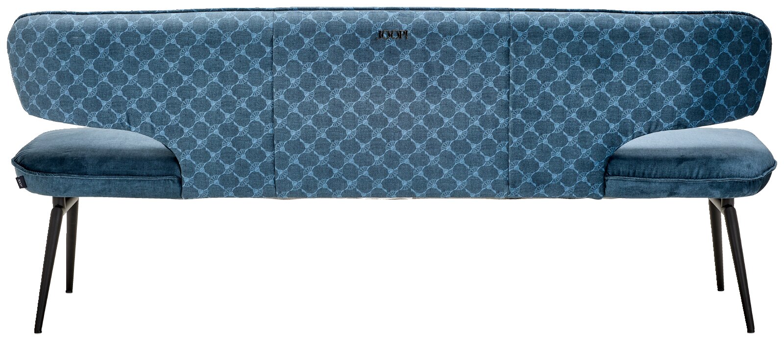 Rückansicht einer eleganten, blau gepolsterten Sitzbank von JOOP! mit Ton-in-Ton-Kornblumenmuster, seitlichen Sitzpolstern und schlanken schwarzen Metallbeinen