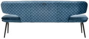 Rückansicht einer eleganten, blau gepolsterten Sitzbank von JOOP! mit Ton-in-Ton-Kornblumenmuster, seitlichen Sitzpolstern und schlanken schwarzen Metallbeinen