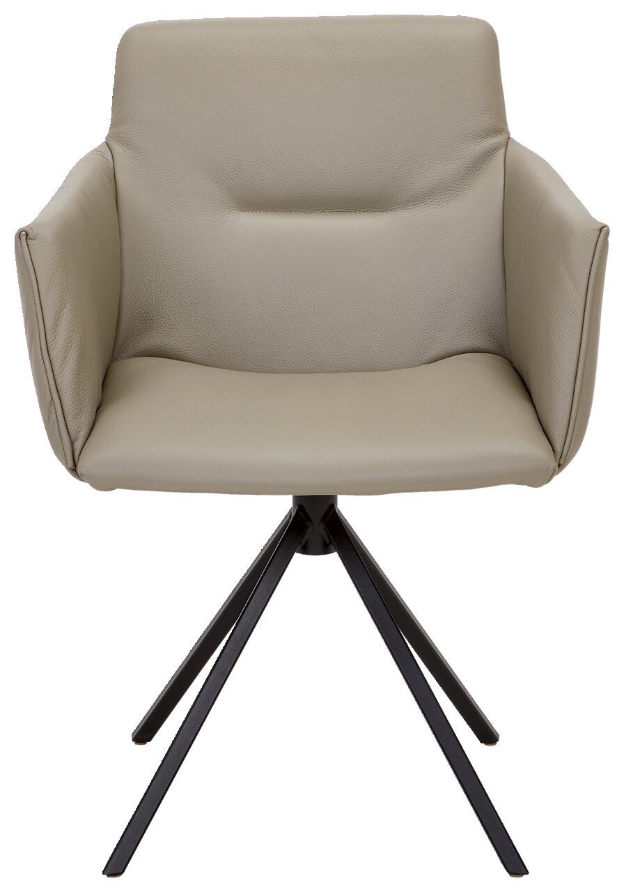 Moderner Sessel mit beigem Lederbezug und schwarzem Metallgestell, Frontalansicht