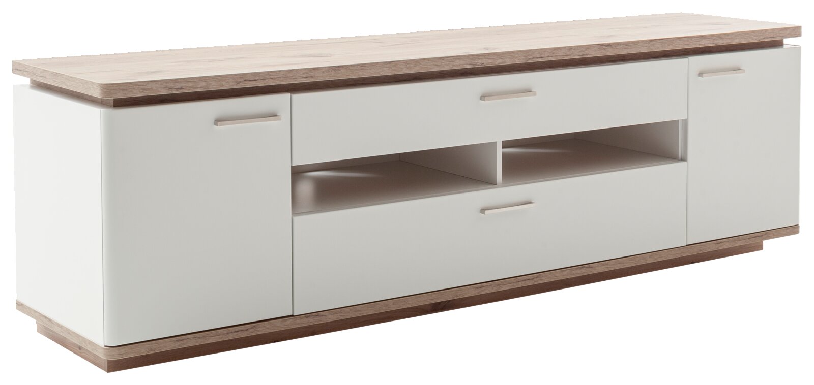 Modern tv-lowboard in wit met een blad en onderstel in houtlook, twee deuren, een lade en open vakken, schuin van linksvoor gefotografeerd