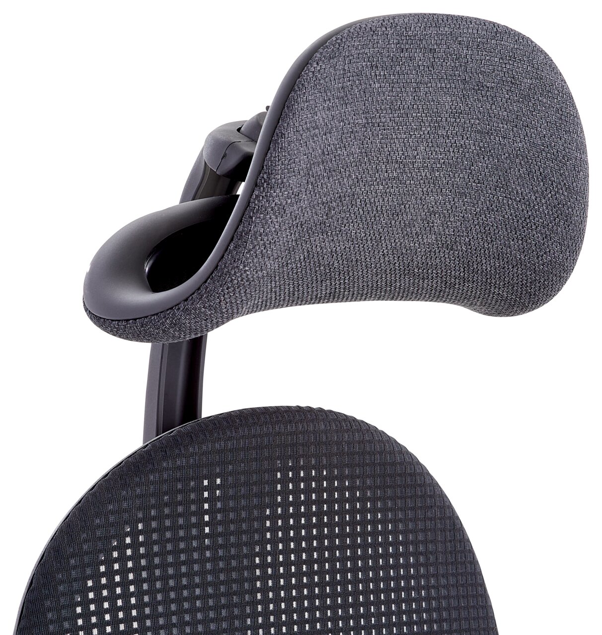 Nahaufnahme eines grauen Drehstuhls mit Kopfstütze, seitliche Perspektive